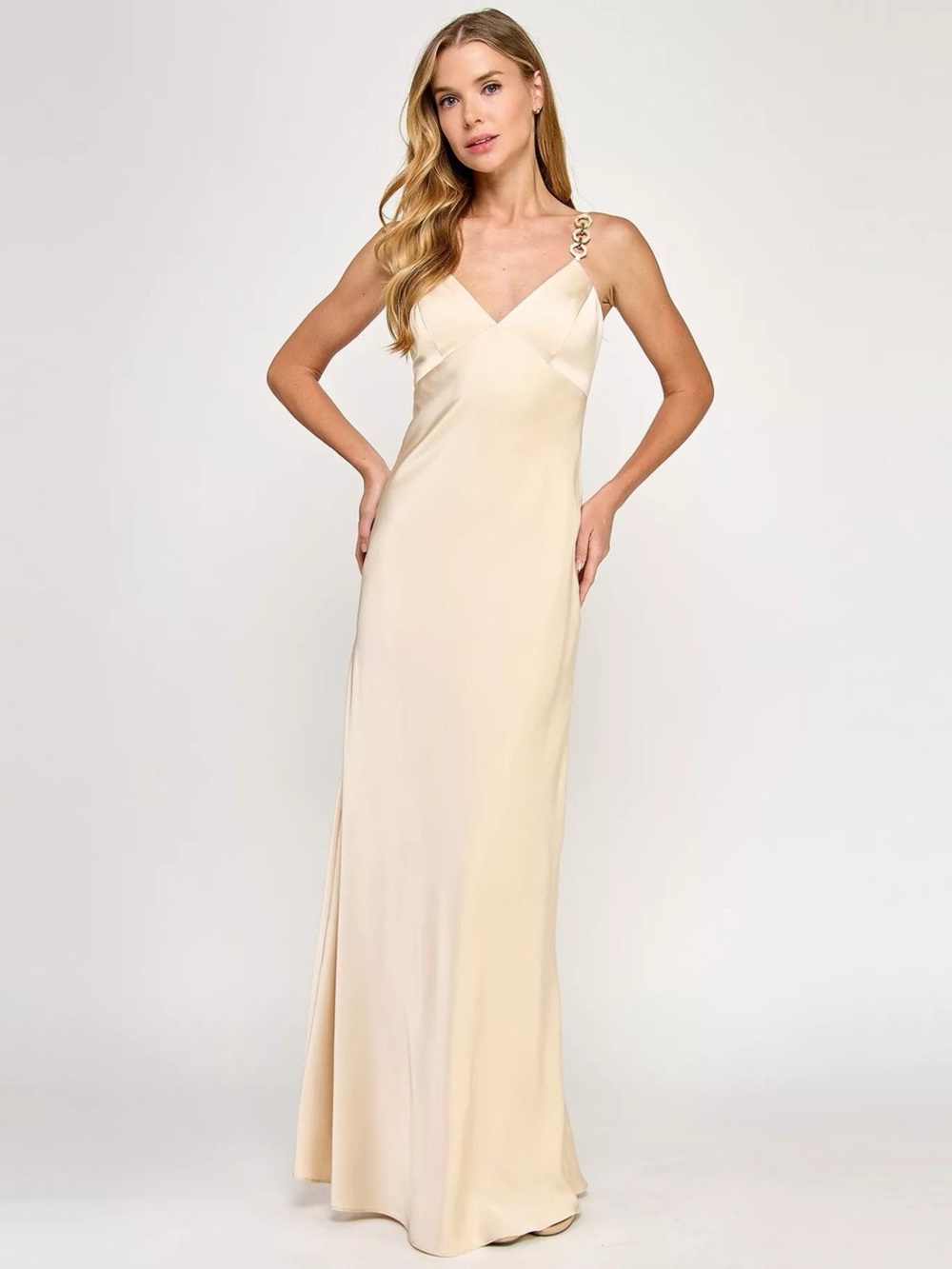 Seni and Cade Satin Gown Juniors Chain Trim Lightweight Maxi Dress Sand Tan